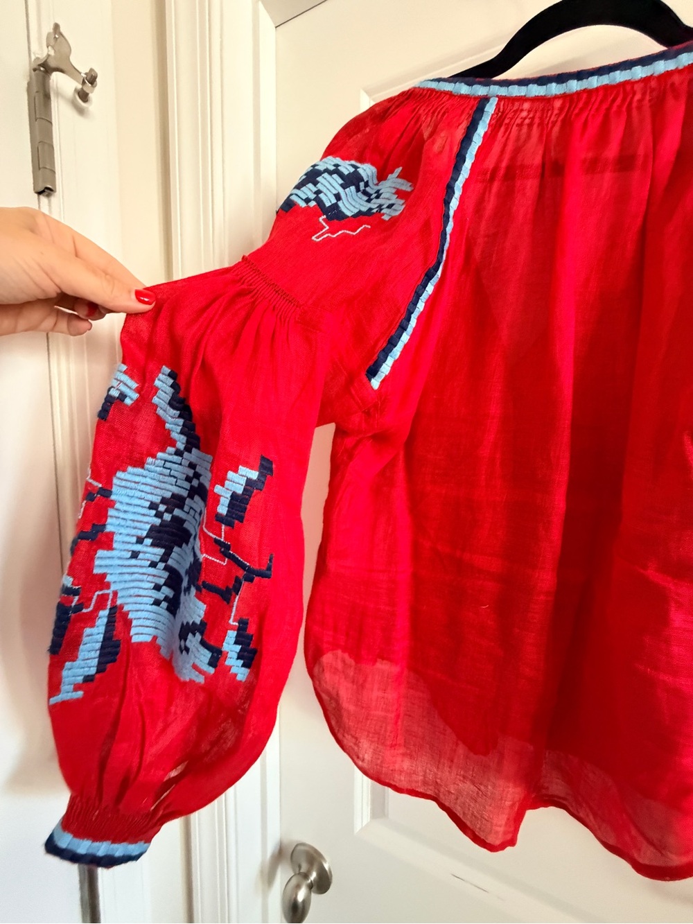 March 11 Red Embroidered Peasant Blouse with Blue Tassels - Picture 3 of 7